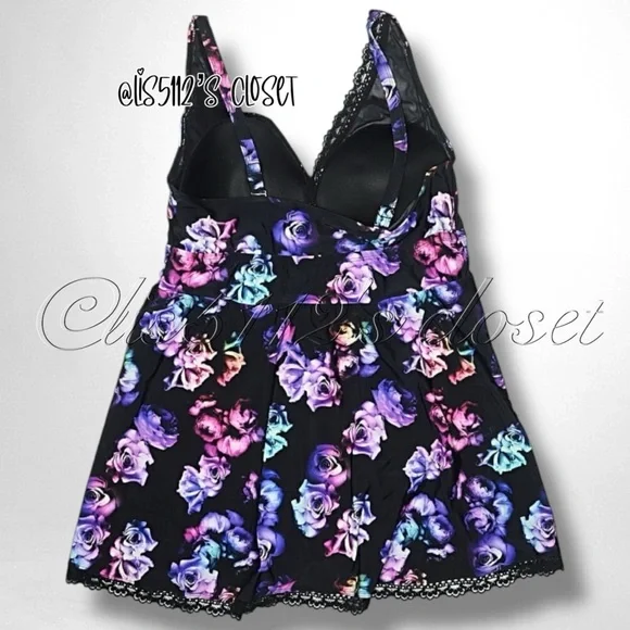 Torrid Black Rose Floral Wireless Mid Lace Trim Swim Dress Swimsuit 2X 18 20 Torrid Black Rose Floral Wireless Mid Lace Trim Swim Dress Swimsuit 2X 18 20